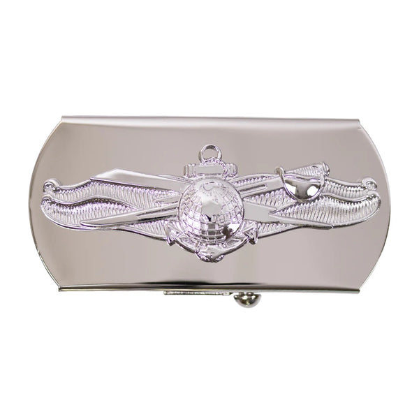 NAVY Men's Silver Buckle - Enlisted Information Dominance. US NAVY Male Silver Metal Belt Buckle with Enlisted Information Dominance emblem in silver mirror finish. Measures: 3"wide x 1 1/2"high. USN-Certified military uniform item. Made in the U.S.A.