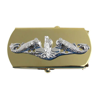 NAVY Men's Gold Buckle - Submarine Warfare Chief. US NAVY Male Gold Metal Belt Buckle with Submarine Warfare insignia for Chief Petty Officers. Silver mirror finish on gold.  - Measures: 3"wide x 1 1/2"high - Certified USN Military accessory - Made in the U.S.A.