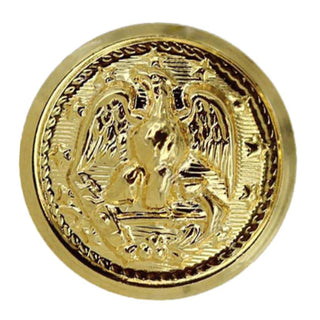 USN Gold Button - 35 Line size with Hopperback or Bodkin for Service Dress White Choker Coat, Dinner Dress & Service Dress Blue Jacket. The Navy button design consists of an eagle rising, with its wings down. The left foot is on the shank, the right foot on the stock of a plain Anchor, laid horizontally, and the Eagle's head faces its right. The whole is surrounded by 13 five-pointed stars and a rope. Shiny gold anodized finish.