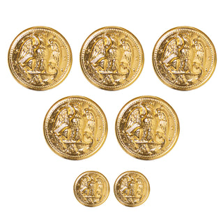 USN Gold Button Set for Navy Men's Choker White Jacket. Set includes: - 5qty size 35 ligne Gold Navy Buttons with Bodkin Clips - 2qty size 22.5 ligne Gold Navy Buttons with Bodkin Clips  The Navy button design consists of an eagle rising, with its wings down.  The left foot is on the shank, the right foot on the stock of a plain Anchor, laid horizontally, and the Eagle's head faces its right.  The whole is surrounded by 13 five-pointed stars and a rope. 