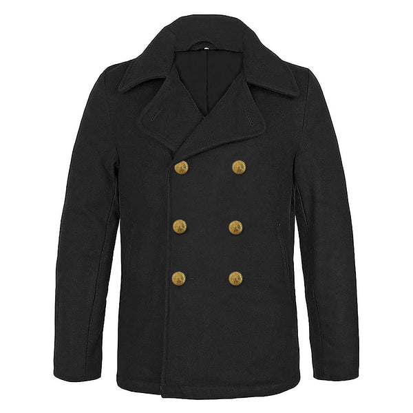 NAVY Men's Officer Reefer Peacoat. NAVY Male Officer Reefer Pea Coat. Worn by Naval Officers & Chief Petty Officers in inclement weather. Hip length Peacoat jacket is made of a dark blue-black melton wool with convertible collar, 1 interior chest pocket, 2 front slash pockets, and a double-breasted closure made of 7 35-line or 40-line gold buttons with USN eagle & star emblem. Blue-black 100% Wool Outer Shell; Polyester lining; Gold Metal Buttons. Official USN Military issue. Made in the USA.