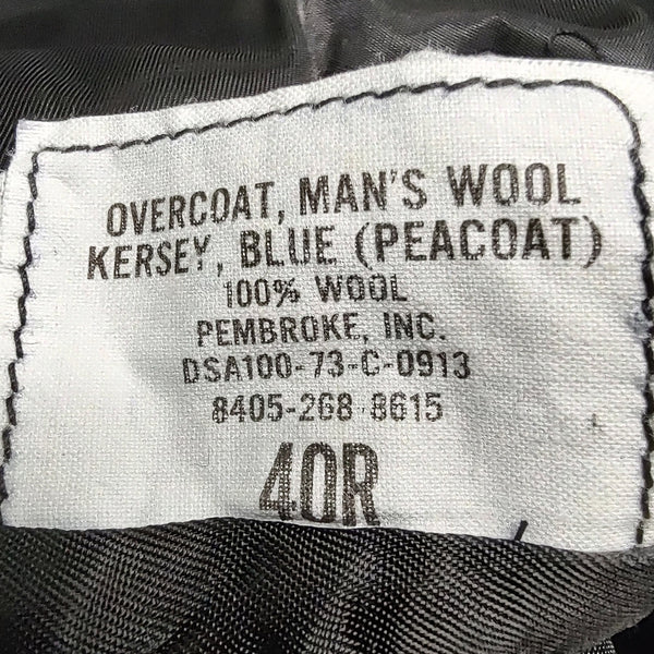 Navy Officer CPO Reefer Peacoat vintage label. Overcoat, Man's Wool Kersey, Blue (Peacoat). 100% Wool, Pembroke, Inc., DSA100-73-C-0913, 8405-268-8615, size 40R