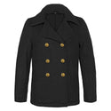 NAVY Women's Officer Reefer Peacoat. NAVY Female Officer Reefer Pea Coat. Worn by Naval Officers & Chief Petty Officers in inclement weather. Hip length Peacoat jacket is made of a dark blue-black melton wool with convertible collar, 1 interior chest pocket, 2 front slash pockets, and a double-breasted closure made of six 35-line or 40-line gold buttons with USN eagle & star emblem. Blue-black 100% Wool Outer Shell; Polyester lining; Gold Metal Buttons. Official USN Military issue. Made in the USA