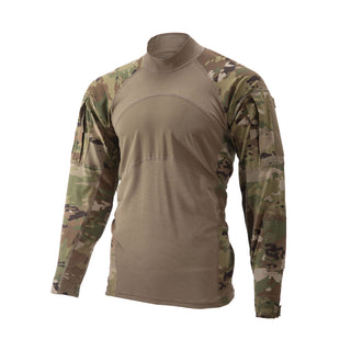 RMY MultiCam FR Combat Shirt. U.S. Army Flame Resistant Combat Shirt with Multi Cam Camouflage Sleeves. Tactical Combat Blouse with cotton stretch body with mock turtleneck collar; Raglan camo sleeves with zip pockets featuring hook & loop exterior for name/rank badges & patches; Reinforced elbow and adjustable velcro cuffs. Green khaki tan beige camo with olive torso. Made in U.S.A. Genuine, Official US Military Issue.
