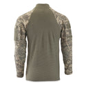 ARMY UCP FR Combat Shirt. US Army Military ACS Universal Camouflage Pattern Flame Resistant Combat Shirt. Foliage gray/green fabric with flame-resistant technology with lightweight, breathable FR fabrics. Tactical Combat Blouse with mock collar, ucp camo raglan sleeves, zippered pockets; lightweight elbow pads; concealable IR tab.  Made in U.S.A.