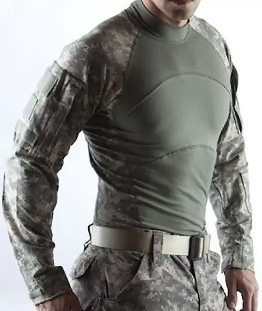 ARMY UCP FR Combat Shirt. US Army Military ACS Universal Camouflage Pattern Flame Resistant Combat Shirt. Foliage gray/green fabric with flame-resistant technology with lightweight, breathable FR fabrics. Tactical Combat Blouse with mock collar, ucp camo raglan sleeves, zippered pockets; lightweight elbow pads; concealable IR tab.  Made in U.S.A.
