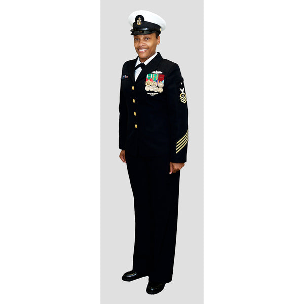 U.S. Navy Female E-8 Senior Chief Petty Officer (SCPO) in ceremonial full dress blue uniform