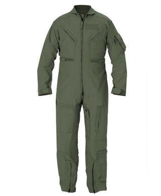 Military Flight Suit CWU-27/P in Green. Flyers Coveralls in FR (flame-resistant) NOMEX material. Features 2-way pull zipper, 6 primary zippered pockets, adjustable velcro waist belt and cuffs, knife pocket on left inseam, pencil pocket on left sleeve, gusseted back, velcro patch areas on shoulders and left sleeve. Propper International, Inc., circa 1999. Olive Sage Green. 92% Meta-Aramid, 5% Para-Aramid, 3% Conductive Fiber. Genuine, Official Military USAF Uniform. Made in U.S.A.