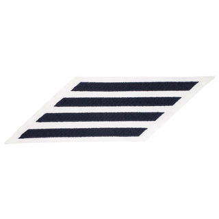 US NAVY Hash Marks, Male Service Stripes Enlisted: set of 4 - Blue & White for (SDW) Service Dress White Uniform. Embroidered Blue on White CNT (Certified Navy Twill).  - Male E1-E6 hashmarks service stripes measure 5-1/4" long x 3/8" wide. - Made in the USA. - Condition: Good, pre-owned/gently used unless marked as NEW.