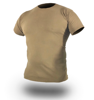 Military Undershirt Cotton - Brown. Military 100% Cotton Undershirt in Coyote Brown. T-Shirt base layer approved to wear with US Navy Type III Uniform (AO2 Woodland Digital Camo). Crew neck bound-stick neckline, form fitted with double-needle hem. 100% Combed Cotton; Shade #3759. Made in the U.S.A.