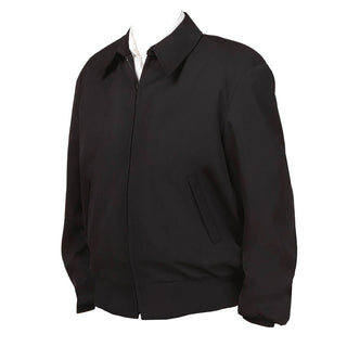 Men's Eisenhower Jacket with Collar - Retired. US Navy Male Black Relaxed Fit Jacket with Collar. This is the retired version of the current USN Relaxed Fit Jacket, but with a standard collar instead of the current ribbed/baseball-style collar. Features front zipper, slant pockets, interior chest pocket, with plain shoulders. Some jackets include a removable Thinsulate liner. Retired Military uniform outerwear jacket. Black Polyester Wool; Poly ribbed knit cuffs & waist. Made in U.S.A.