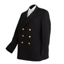 Vintage 1970 US NAVY Male Service Dress Blue SDB Jacket. USN wear for male Officer uniform. Double-breasted coat includes three outside pockets, one on each hip and one on left breast, and three 35-line Navy Eagle gilt buttons down each forefront. Fabric: Black Wool with Gold Buttons. Made in U.S.A.