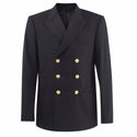 Vintage 1950 US NAVY Male Service Dress Blue SDB Jacket. USN wear for male Officer uniform. Double-breasted coat includes three outside pockets, one on each hip and one on left breast, and three 35-line Navy Eagle gilt buttons down each forefront. Fabric: Black Double Weave Wool Elastique with Gold Buttons. Made in U.S.A.
