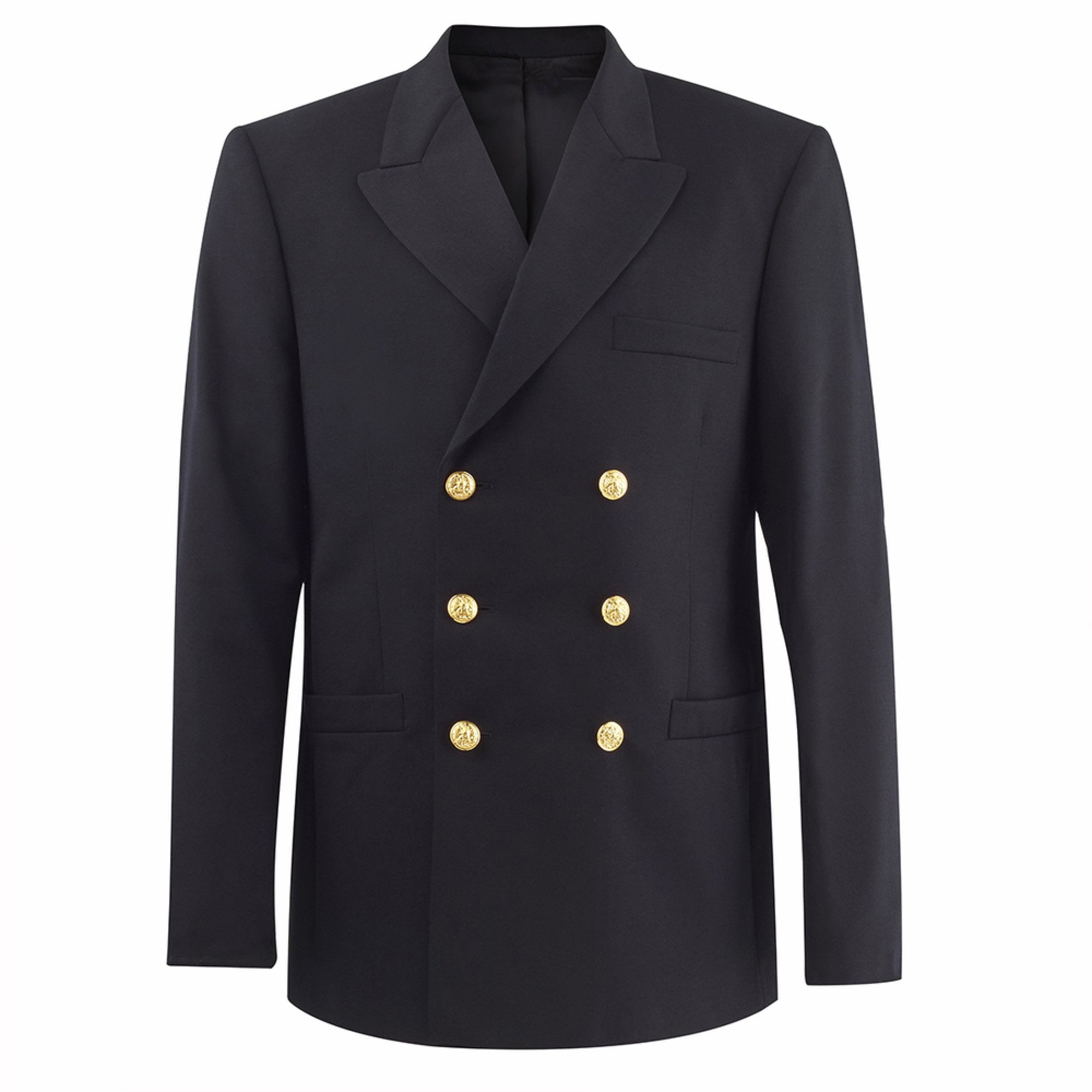 Vintage 1970 US NAVY Male Service Dress Blue SDB Jacket. USN wear for male Officer uniform. Double-breasted coat includes three outside pockets, one on each hip and one on left breast, and three 35-line Navy Eagle gilt buttons down each forefront. Fabric: Black Wool with Gold Buttons. Made in U.S.A.