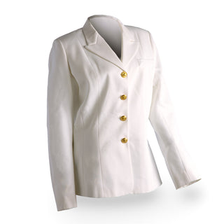 AS-IS Condition US NAVY Women's Service Dress White Jacket with Gold Buttons. This is the retired SDW jacket formerly worn by USN Female Officers & CPOs.  - Fabric: White Certified Navy Twill (100% Polyester) with Gold Metal Buttons - Care: Dry clean only - Made in U.S.A.
