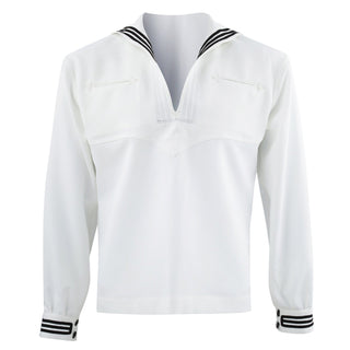 NAVY Men's Enlisted Dress White Jumper Top. USN Male Service Dress White Jumper Top with Cuff Piping and Side Zipper. Cuffs feature navy color piping with buttons. 100% Polyester CNT (Certified Navy Twill). Made in the U.S.A. 