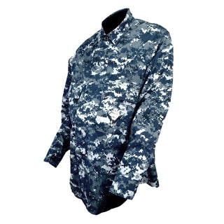 US Navy Working Uniform Type 1 Female Maternity Shirt in Blue Digital Camouflage aka "Blueberries." Authentic former issued USN Type 1 in Digital Blue Camouflage (retired in October 2019). Genuine, Official Military Uniform. 50/50 Nylon Cotton Ripstop. Made in U.S.A.