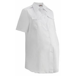 USN Female Maternity White Poly Cotton Shirt with Short Sleeves. This shirt is worn by Officers & CPOs with the Maternity Black Jacket for the Service Dress Blue Uniform. Features two chest button pockets and shoulder epaulettes. White 65/35 Polyester Cotton. Made in U.S.A. Genuine, Official US Military Navy Uniform.