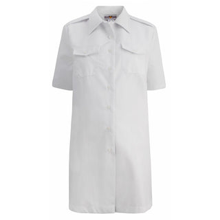 USN Female Maternity White Poly Cotton Shirt with Short Sleeves. This shirt is worn by Officers & CPOs with the Maternity Black Jacket for the Service Dress Blue Uniform. Features two chest button pockets and shoulder epaulettes. White 65/35 Polyester Cotton. Made in U.S.A. Genuine, Official US Military Navy Uniform.