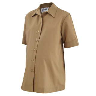 USMC Maternity Short Sleeve Khaki Shirt. US Marine Corps Women's Maternity Khaki Shirt. Crafted from khaki tropical poly-wool fabric featuring quarter length sleeves, a front button with an elastic loop/button neck closure, a box pleat at the back, and adjustable tabs.  - Genuine, Official US Military USMC Uniform - Brand: Defense Logistics Agency (DLA) - Fabric: Khaki Tan 75/25 Polyester Wool; Style# 290/299 - Made in U.S.A.