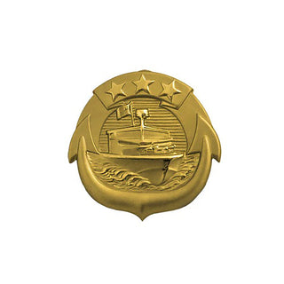 NAVY Metal Badge: Small Craft Officer - Gold Miniature Size. US NAVY Metal Badge - Small Craft Officer, Mini Size. Gold Finish. Measures 3/4" wide x 3/4" high. Clutch back pin. Made in the USA. Design features small craft circumscribed by anchor flukes on sides & bottom and a 3-star pennant on top. Waves under the small craft represent the past, present, and future. The anchor represents the Navy.