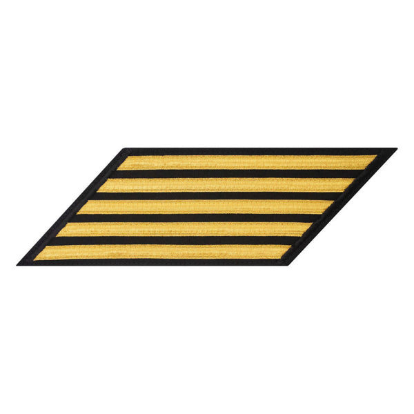 US NAVY Hash Marks, Male Service Stripes for Chief Petty Officer: set of 5 stripes - Lace Gold on Blue for SDB or DDB Uniform. Gold diagonal stripes on regulation dark blue fabric. Gold Lace ribbon on Blue polyester wool fabric. Wear with matching VanChief and Vanfine/Bullion Rating Badges on lower sleeve of Service Dress Blue and Dinner Dress Blue Uniforms. - CPO hashmarks service stripes measure 7" long x 3/8" wide. - Made in the USA.