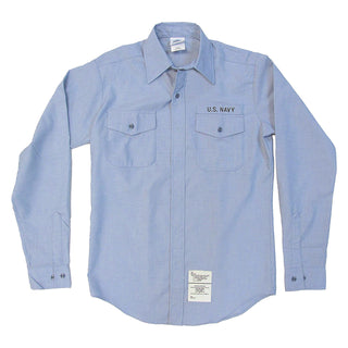 NAVY Men's Blue Utility Work Shirt - Long Sleeve. US Navy Male Blue Utility Work Long Sleeve Shirt in light blue Chambray. Made of a lightweight poly cotton chambray weave, this shirt features 2 front chest patch pockets with button flaps, 2-compartment pencil pocket inside left pocket, long sleeves with button cuffs, button-down closure and back yoke. 65/35 Polyester Cotton Chambray. Made in U.S.A. Genuine, Official US Military Navy Uniform; USN-Certified