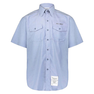NAVY Men's Blue Utility Work Shirt - Short Sleeve. US Navy Male Blue Utility Work Short Sleeve Shirt in light blue Chambray. Made of a lightweight poly cotton chambray weave, this shirt features 2 front chest patch pockets with button flaps, 2-compartment pencil pocket inside left pocket, button-down closure and back yoke. 65/35 Polyester Cotton Chambray. Made in U.S.A. Genuine, Official US Military Navy Uniform; USN-Certified