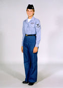 Female Navy Enlisted E6 & Below Uniform: Long Sleeve Blue Utilities Dungaree Uniform with Black Garrison Cap.