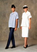 Female Navy Enlisted E6 & Below Maternity Uniforms: Short Sleeve Blue Utilities Dungaree Uniform with Black Garrison Cap; Summer White Uniform with Skirt and Bucket Dress Cap.