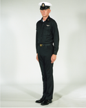 Navy CPO Winter Working Blue Uniform worn with white combination dress cap cover.