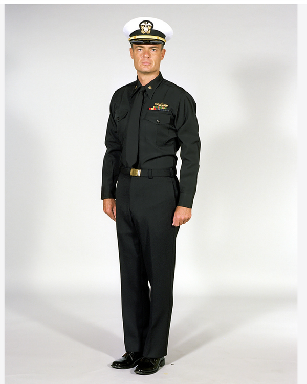 Navy Officer Winter Service Blue Uniform worn with white combination dress cap cover, black neck tie, ribbons and badges.