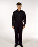 Navy Officer Winter Working Blue Uniform worn with white combination dress cap cover.