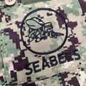 U.S. NAVY Seabees insignia embroidered onto right chest pocket of Green Digital Woodland NWU Type III Blouse