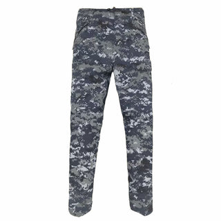 NAVY NWU Type 1 Goretex Trousers. US Navy Working Trouser Type I APEC Gortex Pants in Blue Digital Camouflage. Sealed seams for waterproof & windproof protection; weatherproof trousers feature elastic waist drawcord, snap fly closure, pass-through pockets, side cargo pockets, and hook & loop adjustable hems. The zippered leg seams for easy removal without taking off shoes. Genuine, US Military Navy Uniform. 100% Nylon Shell and Liner, PTFE Laminate Made in U.S.A.