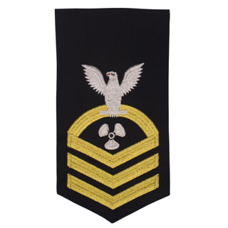 USN Male Rating Badge: E7 Machinists Mate (MM) - Standard Seaworthy Gold on Blue for Enlisted Service Dress & Dinner Dress Blue uniform. Gold chevrons indicate 12 years of consecutive good conduct.  - Fabric: Gold & White Embroidery on Dark Blue Wool Serge. - US Navy Certified - Made in the USA