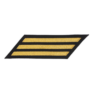 NAVY Men Enlisted Service Stripes: 3 - Standard Gold on Blue. US NAVY Hash Marks, Male Service Stripes Enlisted: set of 3 (triple stripe) - Seaworthy Gold on Blue for SDB or DDB Uniform. Gold diagonal stripes on regulation dark blue fabric. Standard/Seaworthy Gold: Embroidered gold colored thread on regulation blue-black serge wool. Male E1-E6 hashmarks service stripes measure 5-1/4" long x 3/8" wide. Made in the USA.