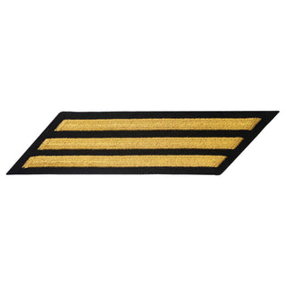 US NAVY Hash Marks, Male Service Stripes Chief Petty Officer: set of 3 (triple stripes) - Seaworthy Gold & Blue for (SDB) Service Dress Blue Uniform. Embroidered Gold on Blue polyester wool fabric.  - Male CPO hashmarks service stripes measure 7" long x 3/8" wide. - Made in the USA.