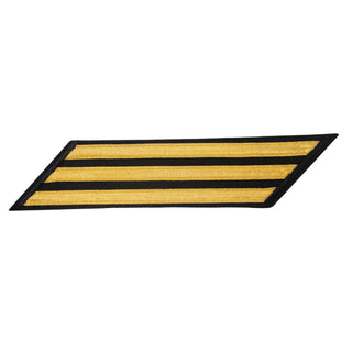 US NAVY Hash Marks, Male Service Stripes for Chief Petty Officer: set of three (triple stripe) - Lace Gold on Blue for SDB or DDB Uniform. Gold diagonal stripes on regulation dark blue fabric.  Gold Lace ribbon on Blue polyester wool fabric. Wear with matching VanChief and Vanfine/Bullion Rating Badges on lower sleeve of Service Dress Blue and Dinner Dress Blue Uniforms.  - CPO hashmarks service stripes measure 7" long x 3/8" wide. - Made in the USA.
