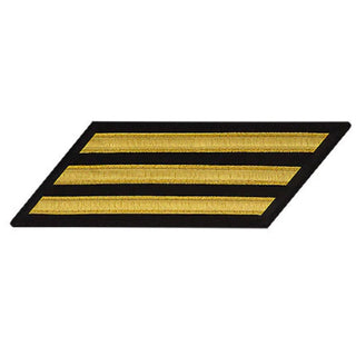 US NAVY Hash Marks, Female Service Stripes for Enlisted/CPO: set of three (triple stripe) - Lace Gold on Blue for SDB or DDB Uniform. Gold diagonal stripes on regulation dark blue fabric.  Gold Lace ribbon on Blue polyester wool fabric. Wear with matching VanChief and Vanfine/Bullion Rating Badges on lower sleeve of Service Dress Blue and Dinner Dress Blue Uniforms.  - Female hashmarks service stripes measure 5-1/4" long x 2/4" wide. - Made in the USA.