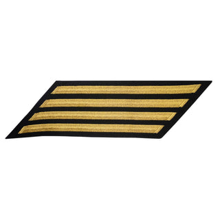 US NAVY Hash Marks, Male Service Stripes Chief Petty Officer: set of four - Seaworthy Gold & Blue for (SDB) Service Dress Blue Uniform. Embroidered Gold on Blue polyester wool fabric.  - Male CPO hashmarks service stripes measure 7" long x 3/8" wide. - Made in the USA.