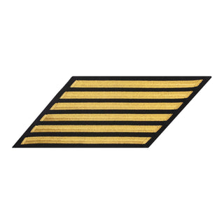 US NAVY Hash Marks, Male Service Stripes Chief Petty Officer: set of six - Seaworthy Gold & Blue for (SDB) Service Dress Blue Uniform. Embroidered Gold on Blue polyester wool fabric.  - Male CPO hashmarks service stripes measure 7" long x 3/8" wide. - Made in the USA.