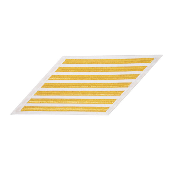 US NAVY Hash Marks, Male Service Stripes for Chief Petty Officer: set of seven - Lace Gold on White for (DDW) Dinner Dress White Jacket.  Gold Lace ribbon on White CNT (Certified Navy Twill) polyester fabric. Wear with matching Lace and Bullion Rating Badges on lower sleeve of Dinner Dress White Uniform.  - Male CPO hashmarks service stripes measure 7" long x 3/8" wide. - Made in the USA.