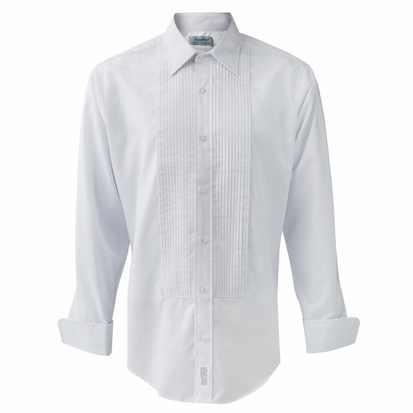 NAVY Men's Pleated White Long Sleeve Shirt. US NAVY Male Pleat Front Formal White Dinner Dress Shirt. This shirt features long sleeves, tuxedo pleated front placket, and formal cuff. Wear with formal bowtie and cufflinks (gold cuff links for Officers/CPOs, black or silver for E6 or below). White Polyester Cotton. USN-Certified.