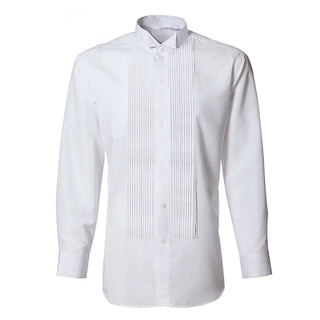 Men's White Pleated Tuxedo Shirt - Wing Tip Collar. Male Pleat Front Formal White Dinner Dress Shirt with Wingtip Collar. Features long sleeves, tuxedo pleated front placket, formal cuffs & wing-tip collar. Wear with formal bowtie, tuxedo stud buttons and cufflinks. White Polyester Cotton. US Military-Certified. Made in the U.S.A.