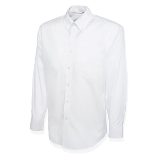 NAVY Men's White Long Sleeve Dress Shirt - No Epaulets. US NAVY Male White Long Sleeved Dress Shirt with NO Epaulets. This oxford shirt style is retired/decommissioned by the U.S. Navy. Features long sleeves, plain button-down front, single left breast pocket, and plain shoulders. White Polyester/Cotton blend. Made in U.S.A.