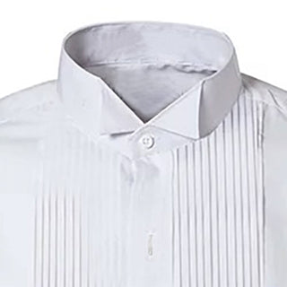 Men's White Pleated Tuxedo Shirt - Wing Tip Collar. Male Pleat Front Formal White Dinner Dress Shirt with Wingtip Collar. Features long sleeves, tuxedo pleated front placket, formal cuffs & wing-tip collar. Wear with formal bowtie, tuxedo stud buttons and cufflinks. White Polyester Cotton. US Military-Certified. Made in the U.S.A.