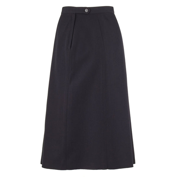 US NAVY Women's Service Dress Blue Skirt. USN Female SDB Skirt in Poly Wool. Unbelted 6-gored skirt features a left zip and button closure, upper right front waistband pocket, with an A-Line silhouette. This skirt can be paired with the US Navy Women's Service Dress Blue Jacket, Dinner Dress Blue Jacket or Dinner Dress White Jacket. Black 55/45 Polyester Wool; 100% Polyester Lining. Genuine, Official Military Uniform. Made in U.S.A.