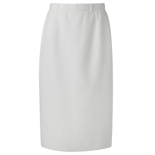 USN Female Officer/CPO Summer White Skirt with belted waistband in New Fit shape. Features a Straight-Line silhouette with one front hidden side pocket and back zipper closure. White CNT (Certified Navy Twill) 100% Polyester. Genuine, Official Military Uniform. Made in U.S.A.