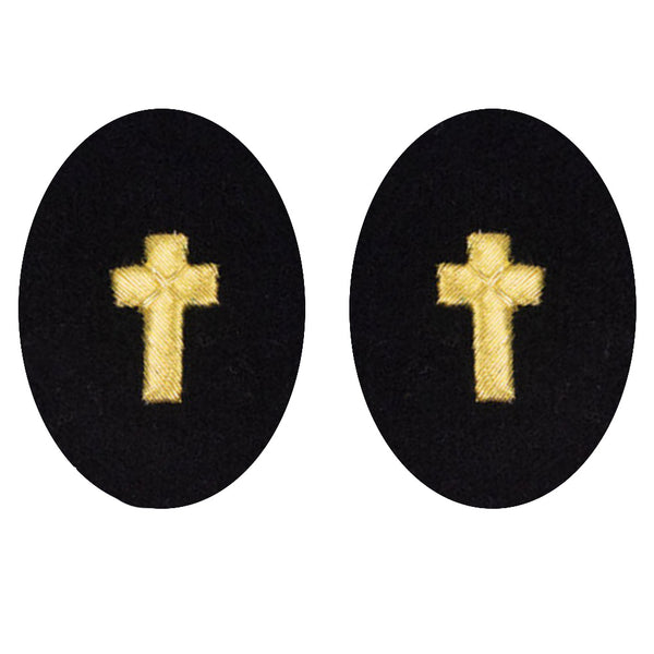 US NAVY Sleeve Device: Christian Chaplain for Service Dress Blue uniform. Gold embroidery on dark blue/black wool. Sold in Pairs.  - USN Certified - Made in the USA